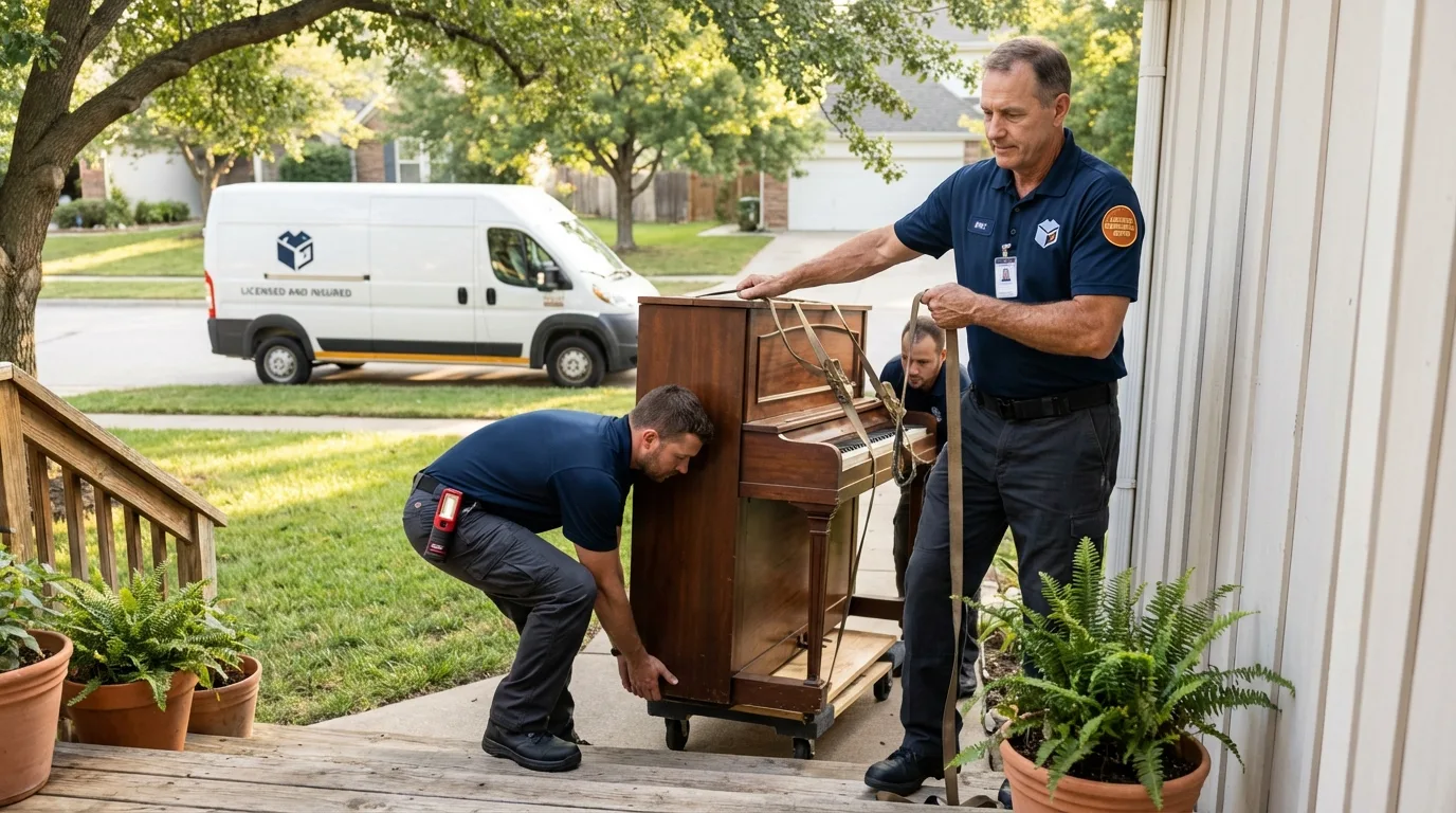 Licensed piano movers securing grand piano in Pioche, NV