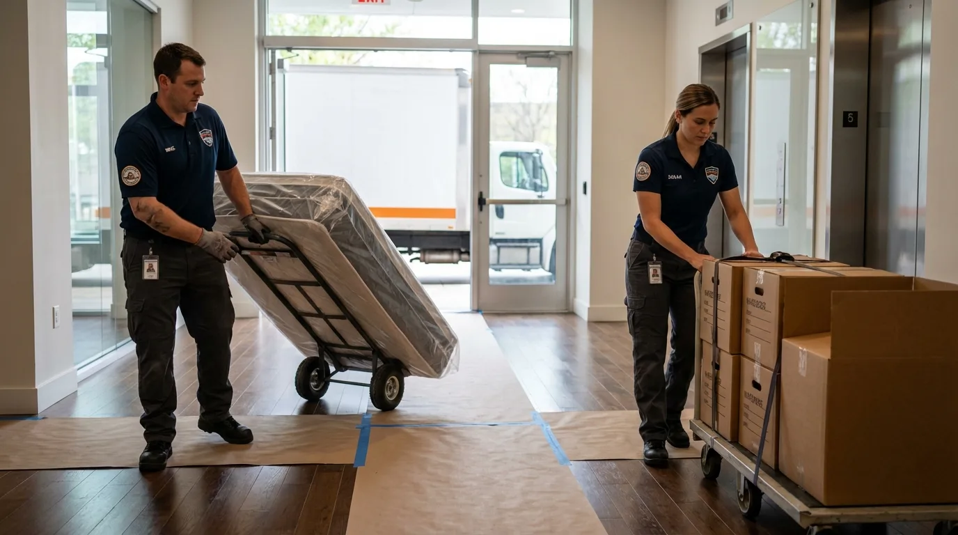 Professional apartment movers loading elevator in Pioche, NV